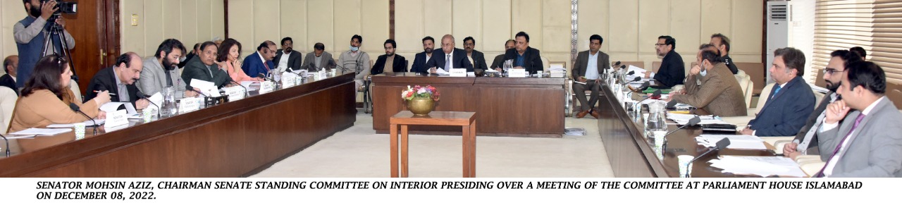Mohsin Aziz presides over a meeting of the Senate Standing Committee on Interior at Parliament House Today.