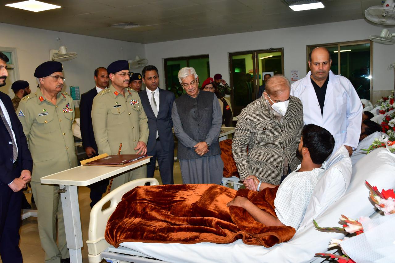 PM Shehbaz Sharif met officers and soldiers at CMH Rawalpindi who got injured during CTD complex Bannu Operation.