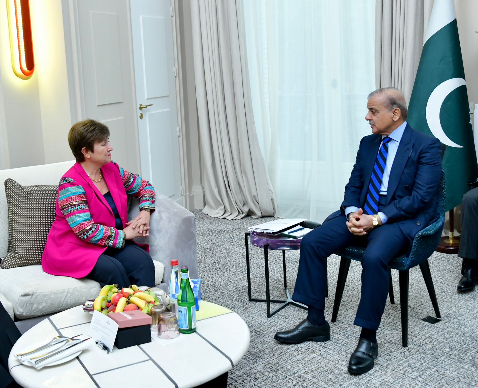 Prime Minister Muhammad Shehbaz Sharif meets IMF Managing Director Kristalina Georgieva.