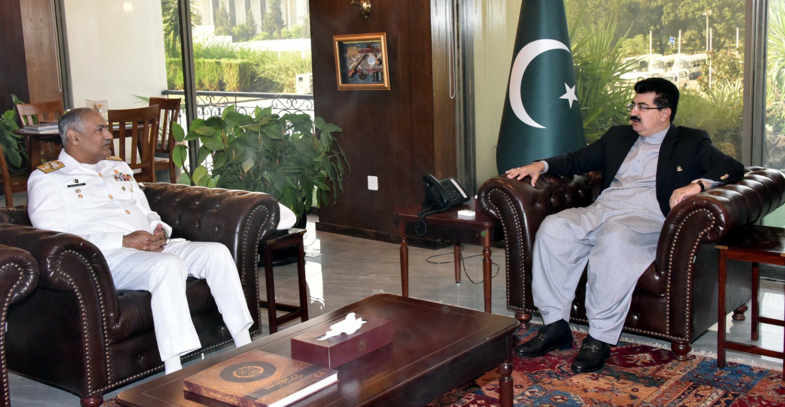 Meeting between Chairman Senate Muhammad Sadiq Sanjrani and Rear Admiral Javed Iqbal (HI) of the Pakistan Navy.